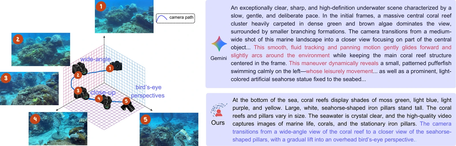 Reef video viewpoints and camera trajectory beside Gemini and dataset descriptions, with highlighted differences about camera and object movement.