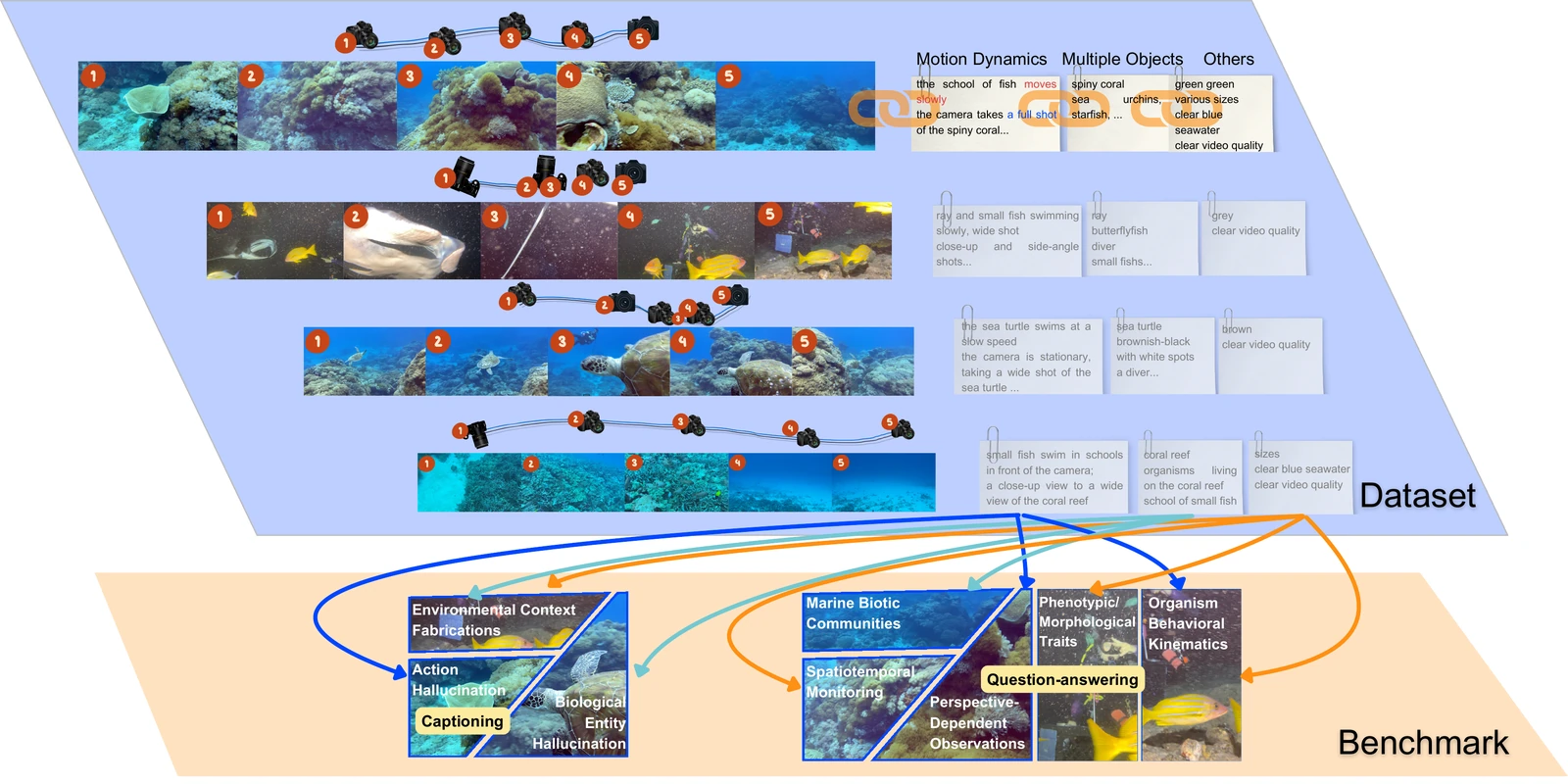 MarineLife-16K overview: underwater video sequences with object, scene and motion annotations connected to captioning and question-answering tasks.